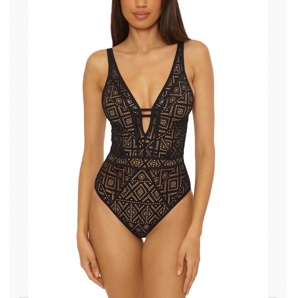 BECCA by Rebecca Virtue Black Crochet Plunge One Piece Swimsuit Large NEW